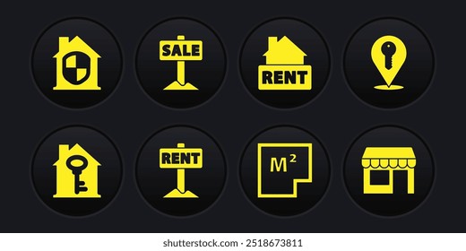 Casa con llave, Locación, letrero colgante Alquiler, Plan, Venta, Tienda de mercado y bajo icono de protección. Vector