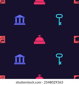 Set House key, Museum building, Hotel service bell and Online real estate house on seamless pattern. Vector