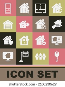 Set House Key, Online Real Estate House, Realtor, Plan, Sale, Garage, Closed Door And Under Protection Icon. Vector