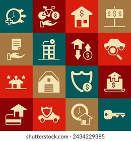 Set House key, Online real estate, Car sharing, with dollar, contract, Clock and  icon. Vector