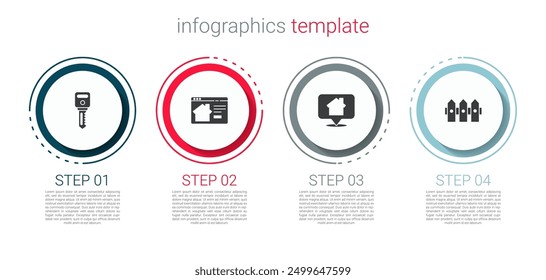 Set House key, Online real estate house, Location with and Garden fence wooden. Business infographic template. Vector