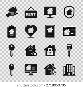 Set House, chave, Casa imobiliária online, Localização com, forma do coração, contrato, Corretor de imóveis e ícone. Vetor