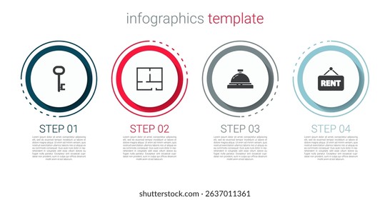 Set House key, plan, Hotel service bell and Hanging sign with Rent. Business infographic template. Vector