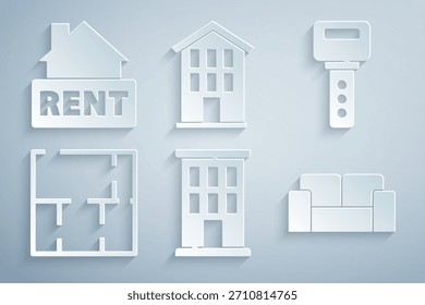 Set Casa, llave, Plan, sofá, y signo colgante con el icono de alquiler. Vector