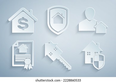 Set House with key, Realtor, contract, under protection, and dollar icon. Vector