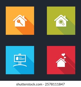 Set House with key, Search house, Hanging sign For Rent and heart shape icon. Vector