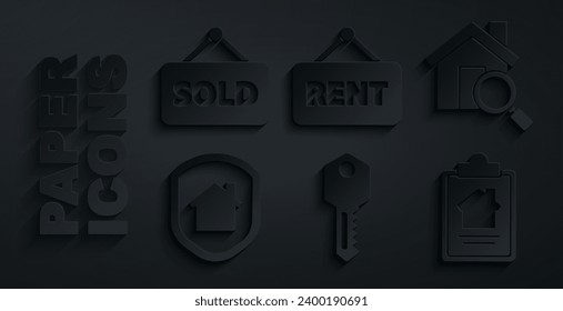 Tecla Set House, Buscar casa, bajo protección, contrato, Signo de colgar con el icono Alquiler y texto Vendido. Vector