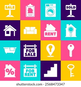 Set House key, Search house, Washer, Sofa, Hanging sign with Sale and Rent icon. Vector