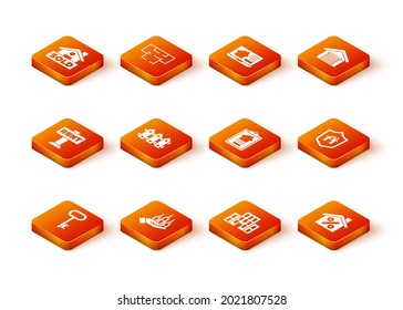Set House key, Skyscraper, Hanging sign with Rent, Garden fence wooden, contract, percant discount and shield icon. Vector