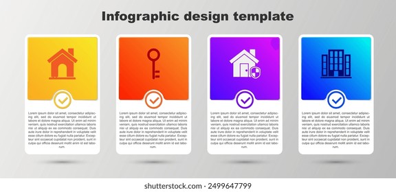 Set Casa, llave, bajo protección y . Plantilla de infografía de negocios. Vector