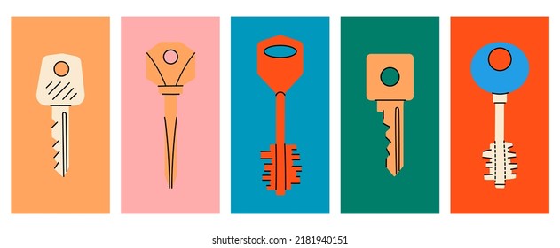 Set of house keys. Colored various posters with hand drawn house keys. Modern door keys isolated on colored background. Home security illustration