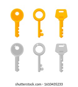 Set of house keys. Gold and silver keys isolated on white.