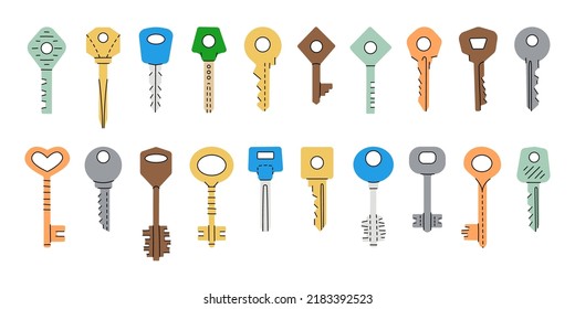 Set of house keys silhouettes. Different types hand drawn colored house keys. Colored vintage door key