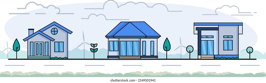 Set of house landscape village street scene. Tree clouds plant green area. Flat color stroke icon. Living for life concept.