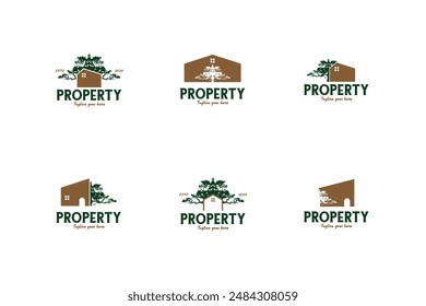 Set of house with a large tree growing logo design vector illustration template idea