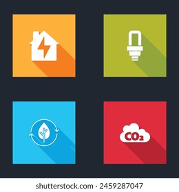 Set House and lightning, LED bulb, Recycle leaf and CO2 emissions cloud icon. Vector
