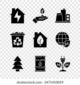 Set House and lightning, Plant hand, Factory, Christmas tree, Bio fuel barrel, Electric saving plug leaf, Recycle bin with recycle and Eco friendly house icon. Vector