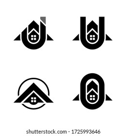 Set of house logo, with initial letter J, U, O, design concept, isolated on white background.
