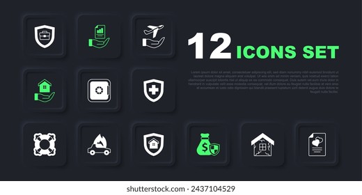 Set House, Marriage contract, Safe, Money bag with shield, in hand, Burning car, Contract and  icon. Vector