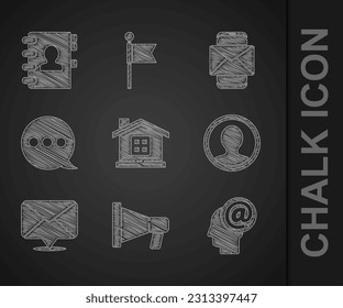 Set House, Megaphone, Mail and e-mail, Create account screen, Envelope, Speech bubble chat, Mobile envelope and Address book icon. Vector
