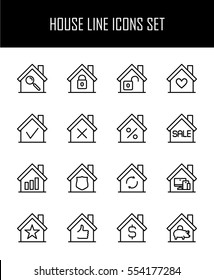 Set of house in modern thin line style. High quality black outline home symbols for web site design and mobile apps. Simple linear house pictograms on a white background.