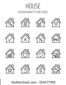 Set of house in modern thin line style. High quality black outline home symbols for web site design and mobile apps. Simple linear house pictograms on a white background.