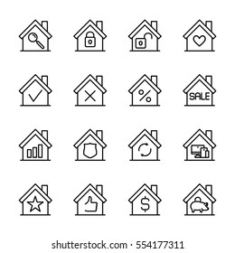 Set of house in modern thin line style. High quality black outline home symbols for web site design and mobile apps. Simple linear house pictograms on a white background.