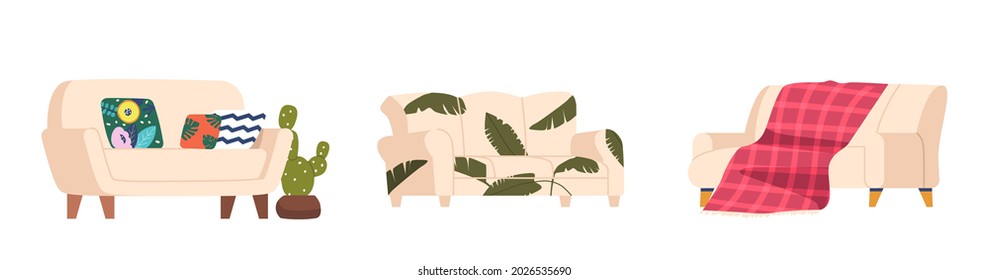 Set of House or Office Furniture, Different Design of Sofa, Classic or Modern Style Two or Three Settee and Couch with Leather or Fabric Upholstery, Plaid and Soft Pillows. Cartoon Vector Illustration