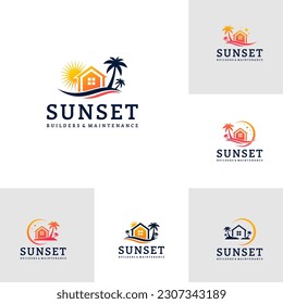 Set of House on the beach logo template, Creative House logo design vector, Sun logo concepts