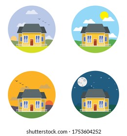 Set of house on the green grass in difference time. Different times of the day. Morning, Afternoon, Evening, Night. Time and routine concept. Vector illustration.