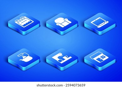 Set House, Oven, Coffee machine, Kettle with handle, Armchair and Laptop icon. Vector
