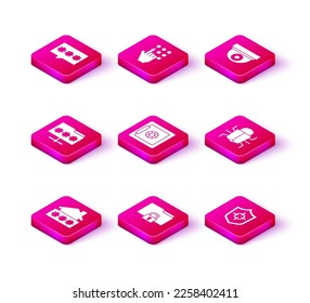 Set House with password, Folder and lock, Safe, Shield, System bug, Security camera and Password protection icon. Vector