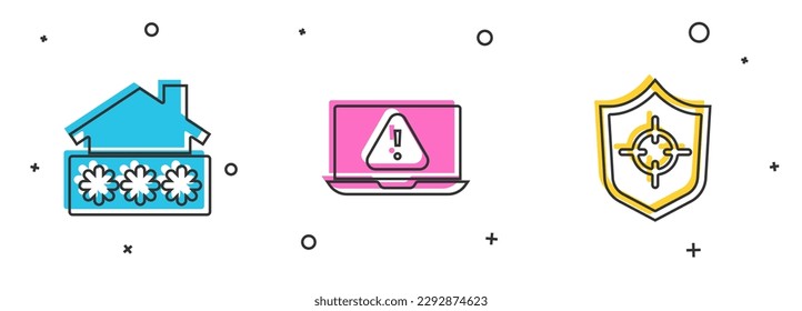 Set House with password, Laptop exclamation mark and Shield icon. Vector