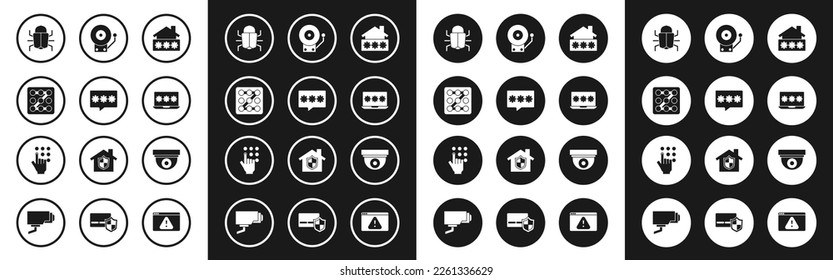 Set House with password, Password protection, Graphic, System bug, Laptop, Ringing alarm bell, Security camera and  icon. Vector