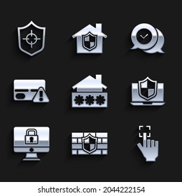 Set House with password, Shield brick wall, Fingerprint, Laptop protected shield, Lock on monitor, Credit card, Check mark speech bubble and  icon. Vector