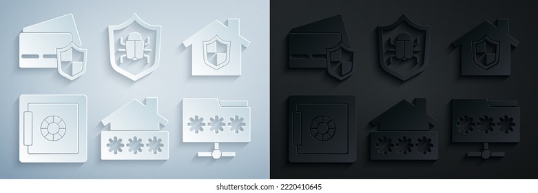 Set House with password, under protection, Safe, Folder, System bug and Credit card shield icon. Vector