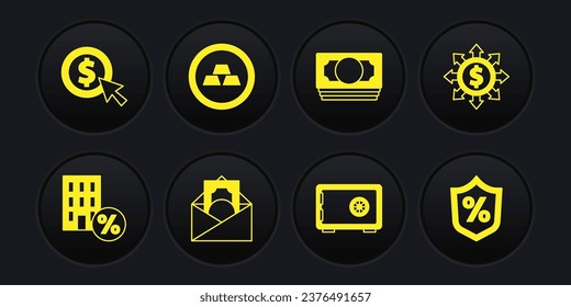 Set House with percant discount, Dollar, share, network, Envelope dollar symbol, Safe, Stacks paper money cash, Gold bars, Loan percent and Coin icon. Vector
