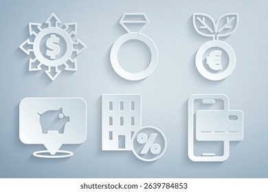 Set House with percant discount, Euro plant, Piggy bank, Mobile banking, Diamond engagement ring and Dollar, share, network icon. Vector