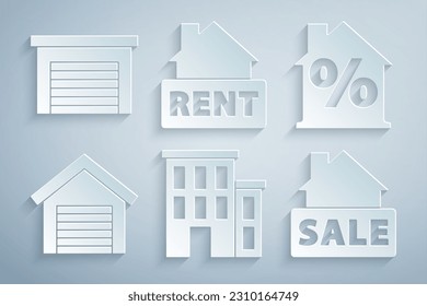 Set House, with percant discount, Garage, Hanging sign Sale, Rent and  icon. Vector