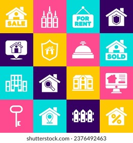 Set House with percant discount, Online real estate house, Hanging sign text Sold, For Rent, shield, Location, Sale and Hotel service bell icon. Vector