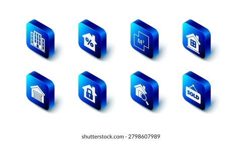 Set House with percant discount, plan, Hanging sign text Sold, Search house, under protection, Garage and  icon. Vector