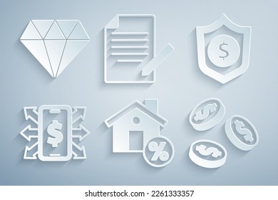 Establezca House con un descuento percante, Muro dólar, Smartphone, Moneda monetaria, Documento y pluma e icono de Diamante. Vector