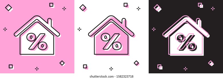 Set House with percant discount tag icon isolated on pink and white, black background. House percentage sign price. Real estate home. Credit percentage symbol.  Vector Illustration