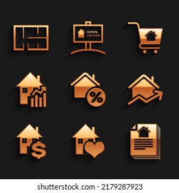 Set House with percant, heart shape, contract, Rising cost of housing, dollar, Shopping cart house and plan icon. Vector