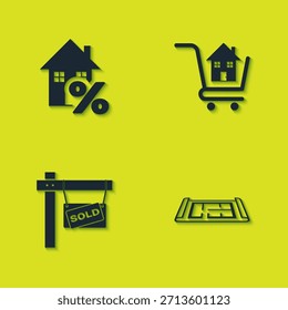 Conjunto Casa con percant, Plan, signo colgante Vendido y Carrito de compras icono de la casa. Vector