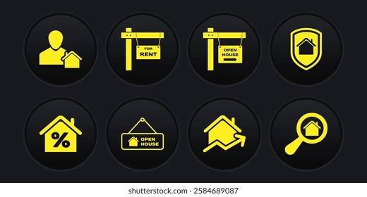 Set House with percant, under protection, Hanging sign Open house, Rising cost of housing, For Rent, Search and Realtor icon. Vector