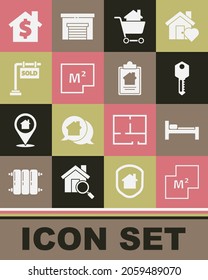 Set House plan, Bed, llave, carrito de compras con casa, Cartel colgante vendido, símbolo del dólar e icono del contrato. Vector