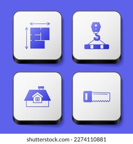 Set House plan, Crane hook,  and Hand saw icon. White square button. Vector