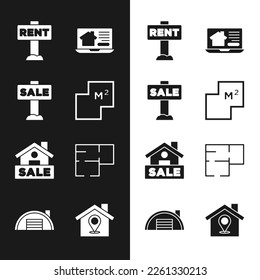 Set House Plan, Hanging Schild mit Verkauf, Miete, Online-Immobilien-Haus, Lage und Lager Symbol. Vektorgrafik