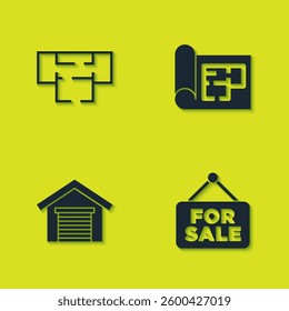 Set House plan, Hanging sign with For Sale, Garage and  icon. Vector
